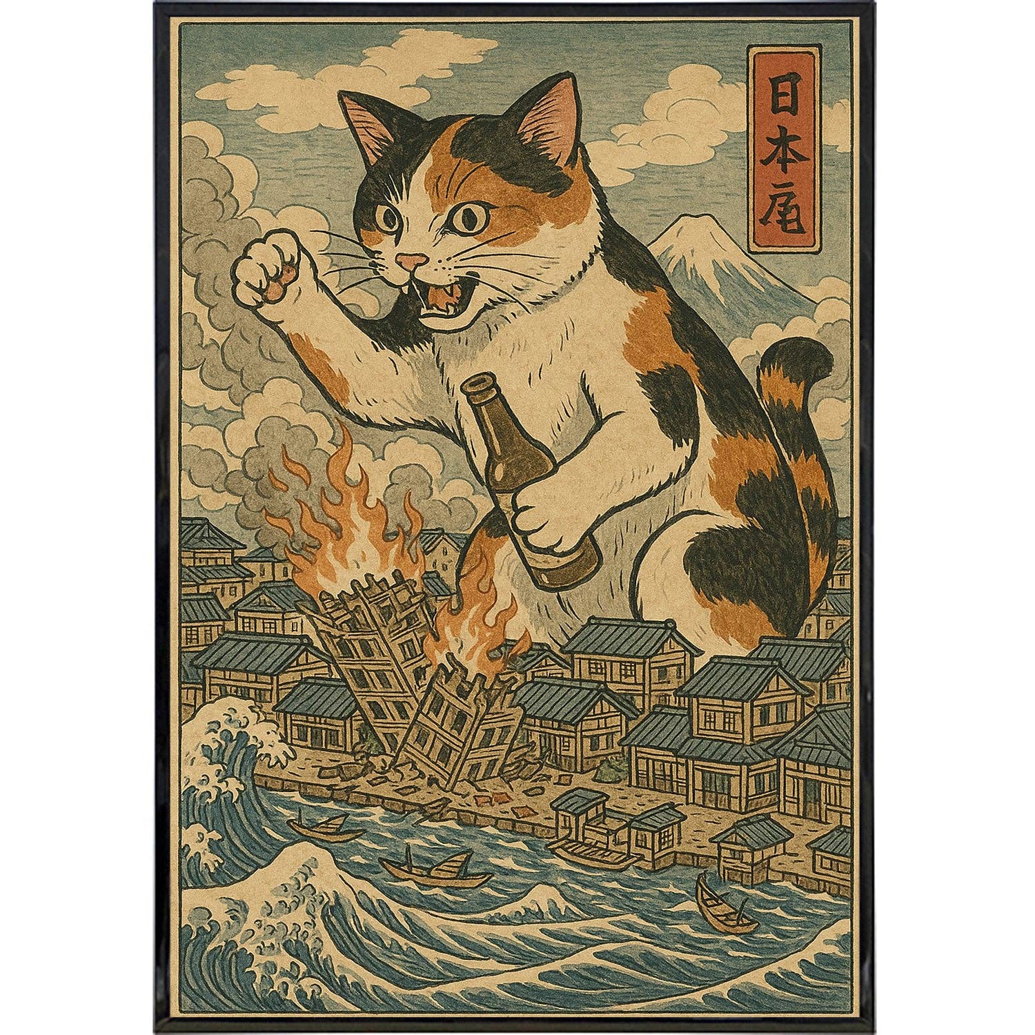 Cat Destroying City Ukiyo-E Original Poster Print: Print Only